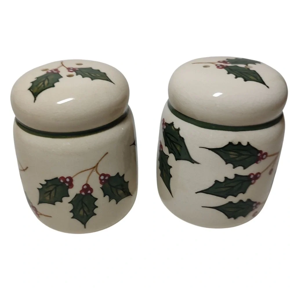 Vintage Ceramic Christmas Holly Salt and Pepper Shakers Red Green Holiday Season